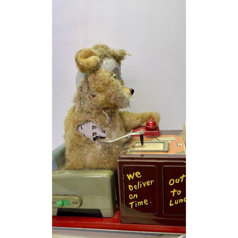 Linemar Tin Toy "I Am The Boss" Drinking Writing Bear Japan 1950s AS-IS - Picture 11 of 15